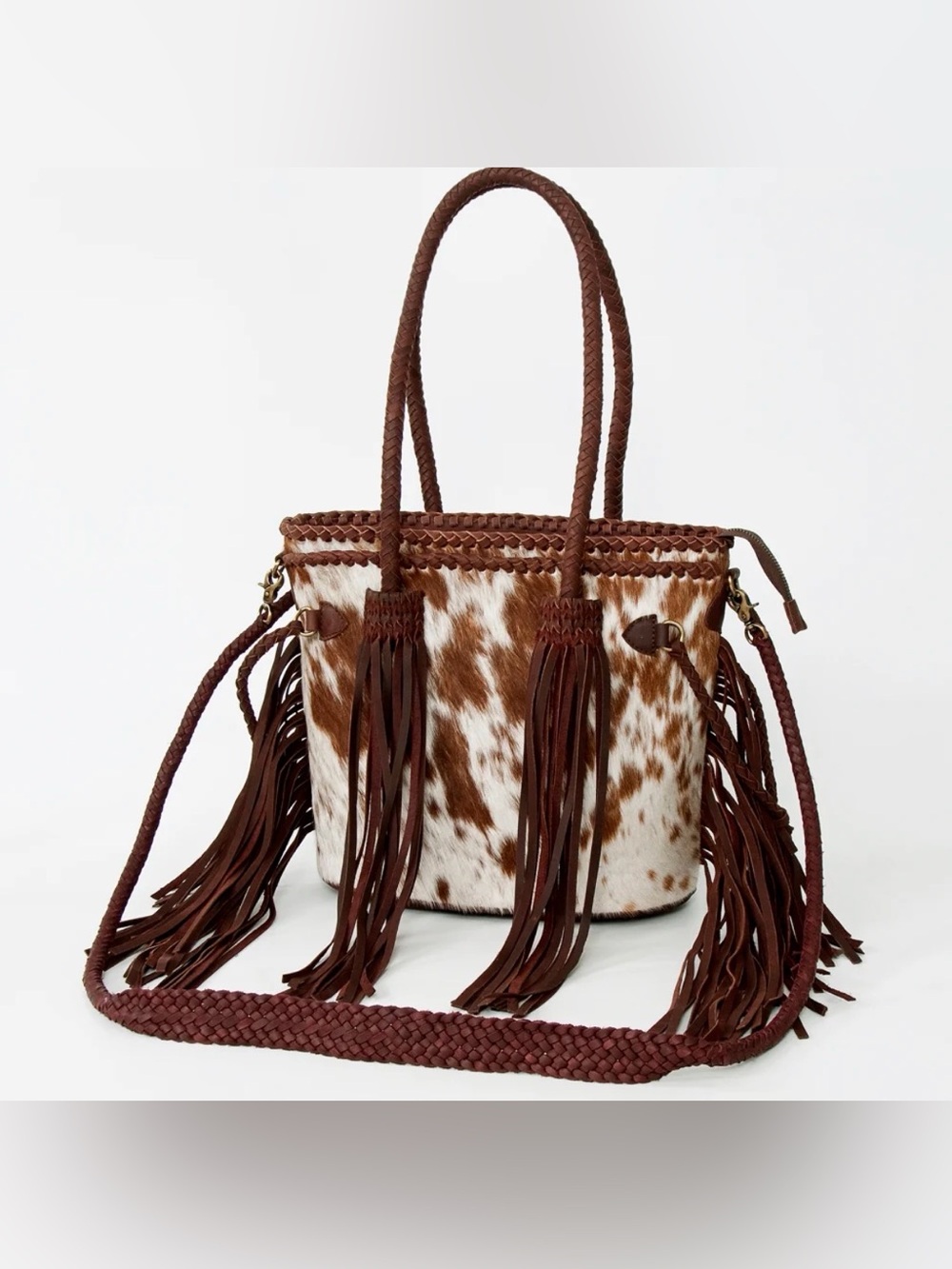Western Fringed Cowhide Tote Bag in Brown and White